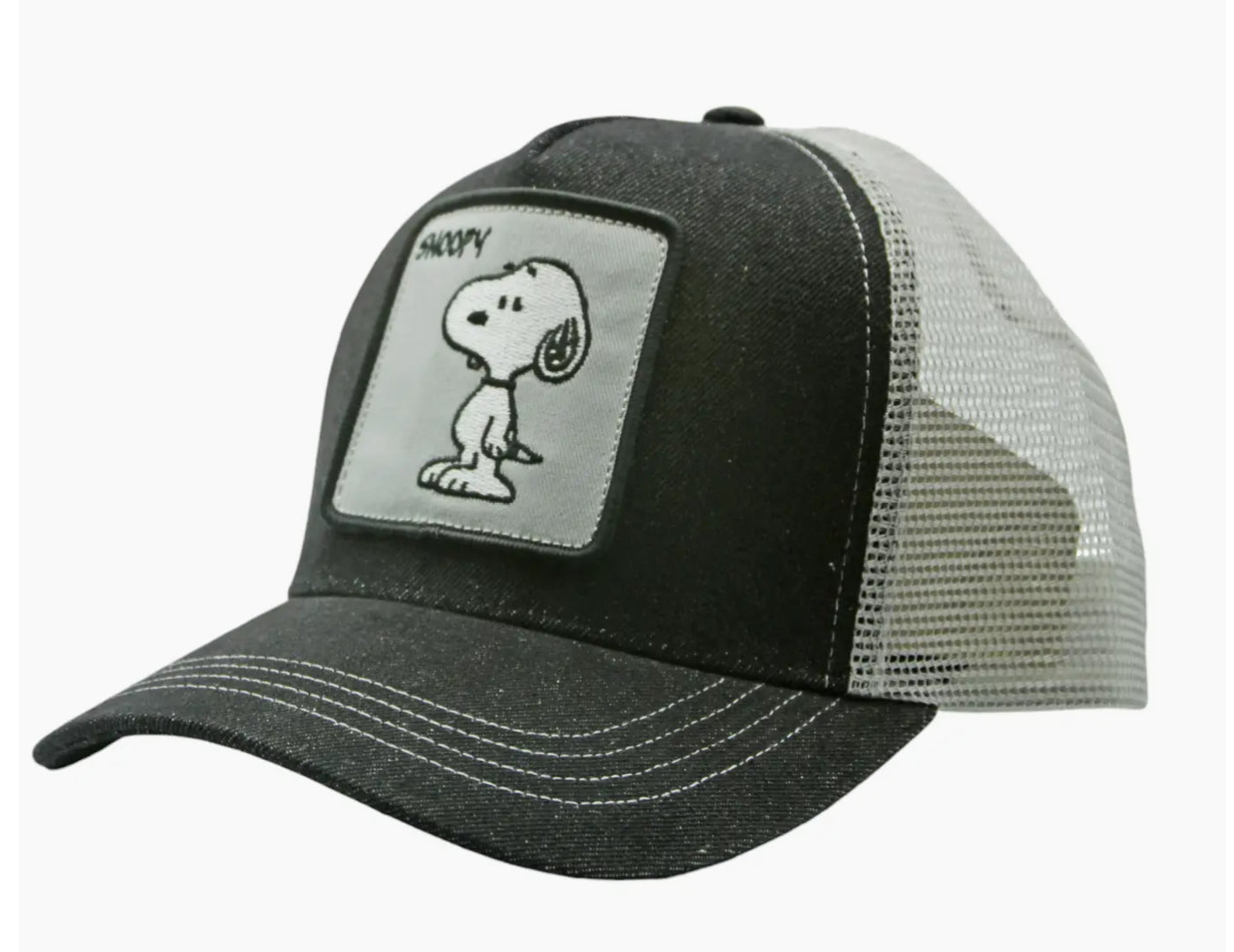 Snoopy Peanuts Black Denim Trucker Hat